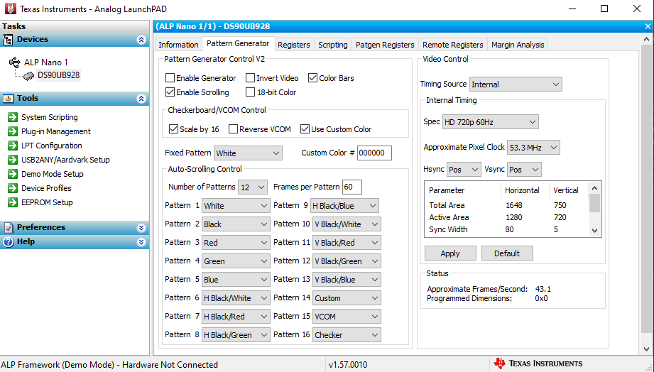 DS90UB928QEVM Pattern
                    Generator Tab