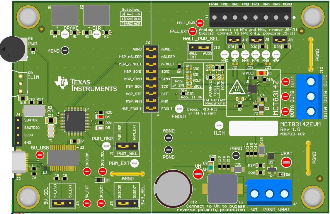 MCT8314ZEVM MCT8314ZEVM Printed Circuit
                    Board (PCB - Top View)