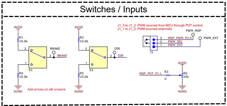 MCT8314ZEVM Switches and Speed Input
          Schematic