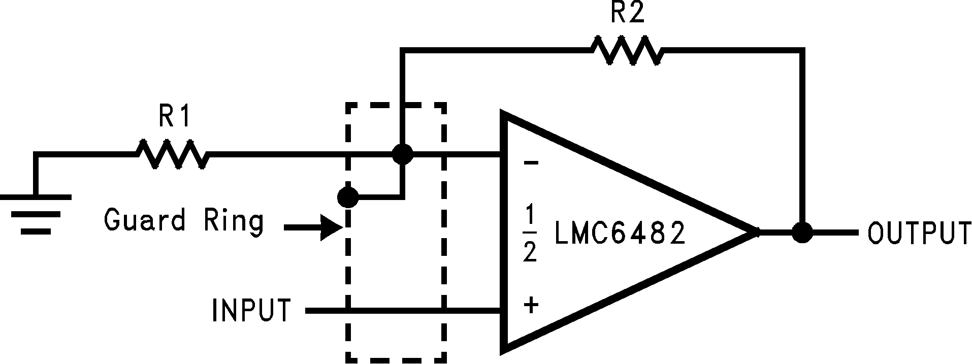 LMC6482  LMC6484 Noninverting Amplifier Typical Connections of Guard Rings