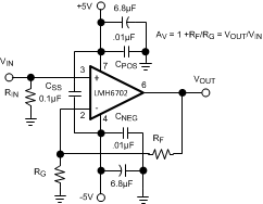 LMH6702QML-SP Recommended Noninverting Gain
                    Circuit