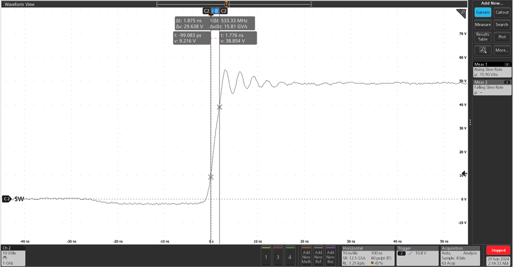 LMG2100R026 SW
                        Node Behavior Showing the Rise Time for a Buck Converter with HB-HS supplied
                        externally and RBST=1.3 Ω 