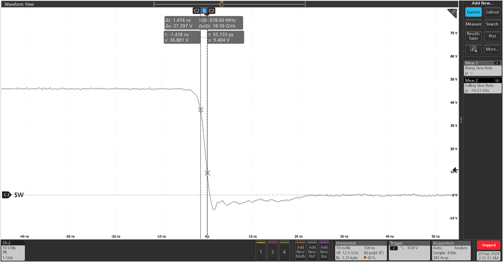 LMG2100R026 SW
                        Node Behavior Showing the Fall Time for a Buck Converter 