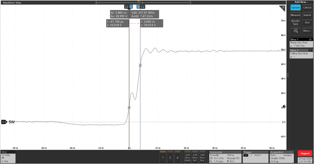 LMG2100R026 SW
                        Node Behavior Showing the Dead Time and Rise Time for a Buck Converter with
                            RBST=1.3 Ω