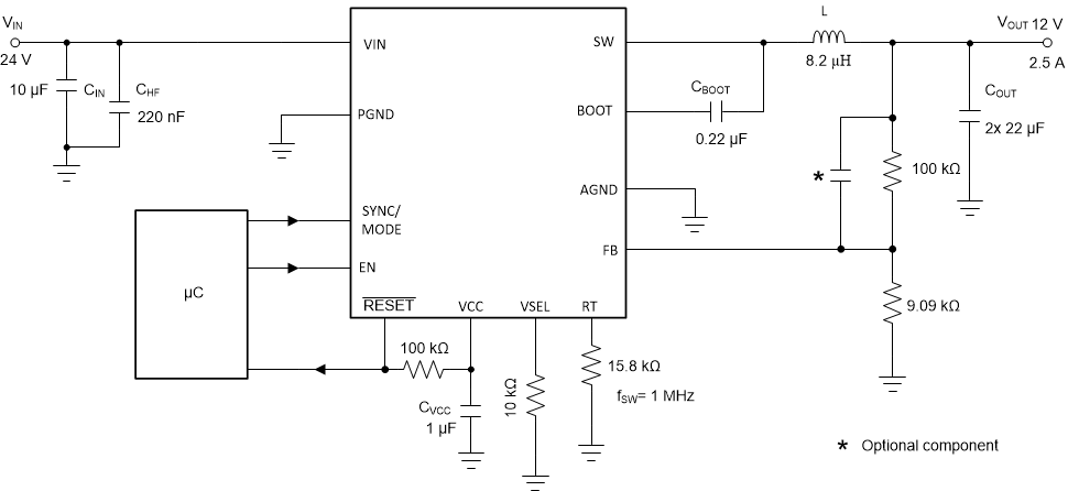 LM63615-Q1 LM63625-Q1 Full-Featured Design Example VIN = 24 V, VOUT = 12 V, IOUT = 2.5 A, ƒSW = 1 MHz