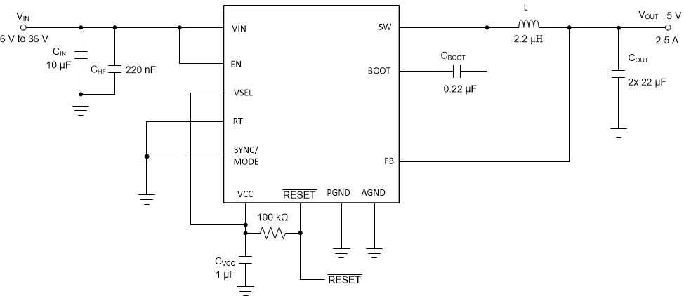 LM63615-Q1 LM63625-Q1 Example Application Circuit  VIN = 12 V, VOUT = 5 V, IOUT = 2.5 A, ƒSW = 2.1 MHz