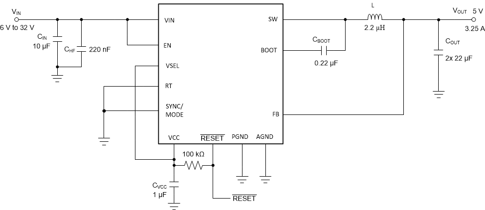 LM63635-Q1 Example Application Circuit  VIN = 12 V, VOUT = 5 V, IOUT = 3.25 A, ƒSW = 2.1 MHz