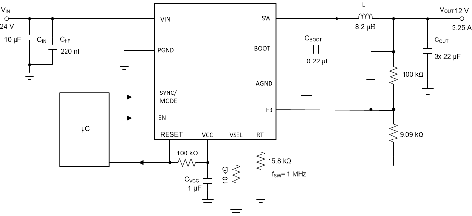 LM63635-Q1 Full-Featured Design Example VIN = 24 V, VOUT = 12 V, IOUT = 3.25 A, ƒSW = 1 MHz