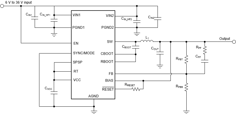 LM61480T-Q1 LM61495T-Q1 Example Application
          Circuit - 400kHz Adjustable Output