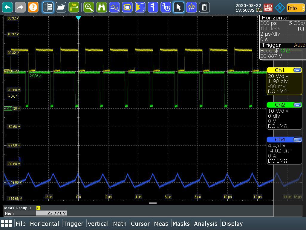 LM51772EVM SW1, SW2, IL (VIN = 24V, IOUT = 0A)