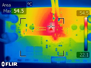 LM51772EVM Thermal Image: VIN = 16.0V, IOUT = 5.0A, No Forced Air Cooling