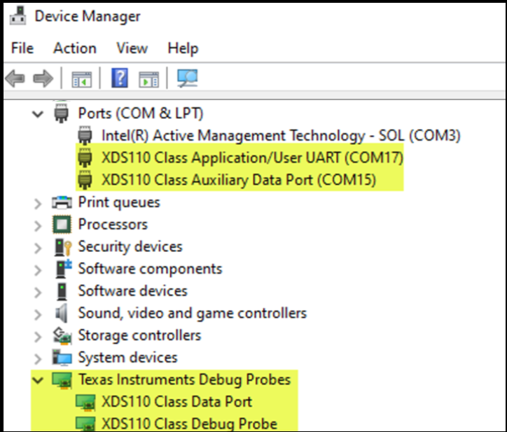  Microsoft
                            Windows 10
                            Device Manager Showing Successful Detection of XDS110 Debug
                            Probe