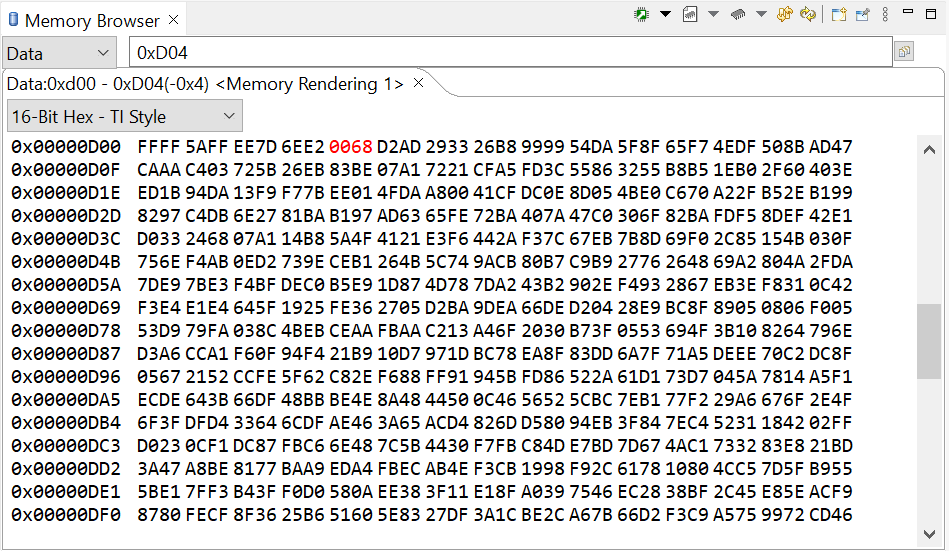  Example Memory Window in CCS
                    (GPIO pins 4/5, SENDTEST MCAN Boot Mode)