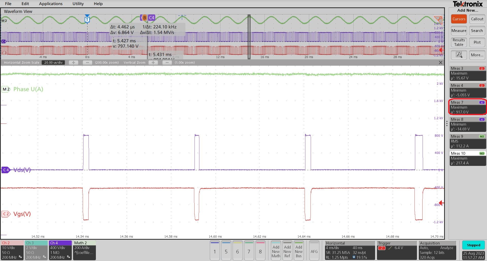 TIDM-02014 Switching Waveforms at 800V,
                    7000rpm, 150Nm and Strong Drive