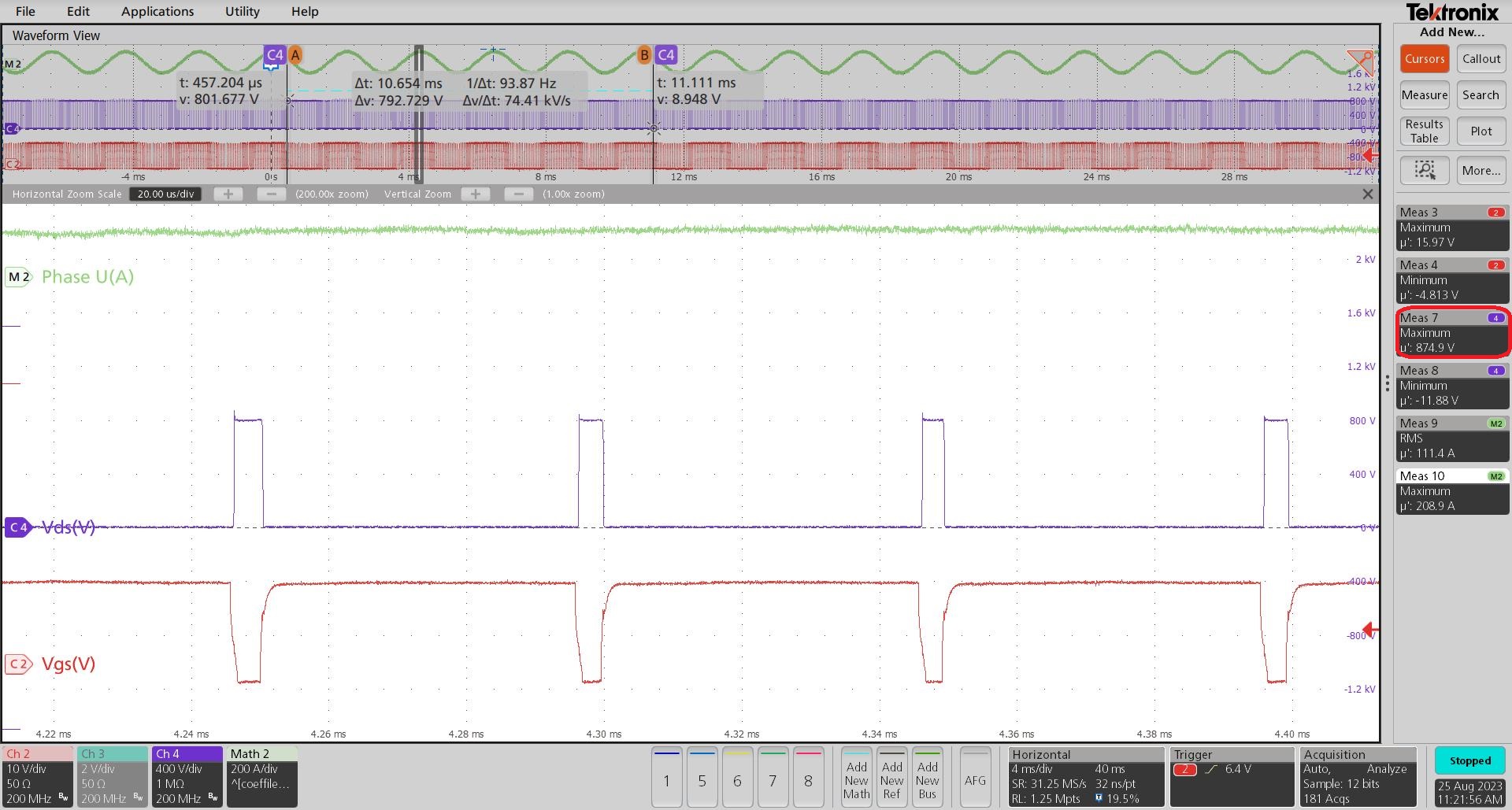 TIDM-02014 Switching Waveforms at 800V,
                    7000rpm, 150Nm and Weak Drive