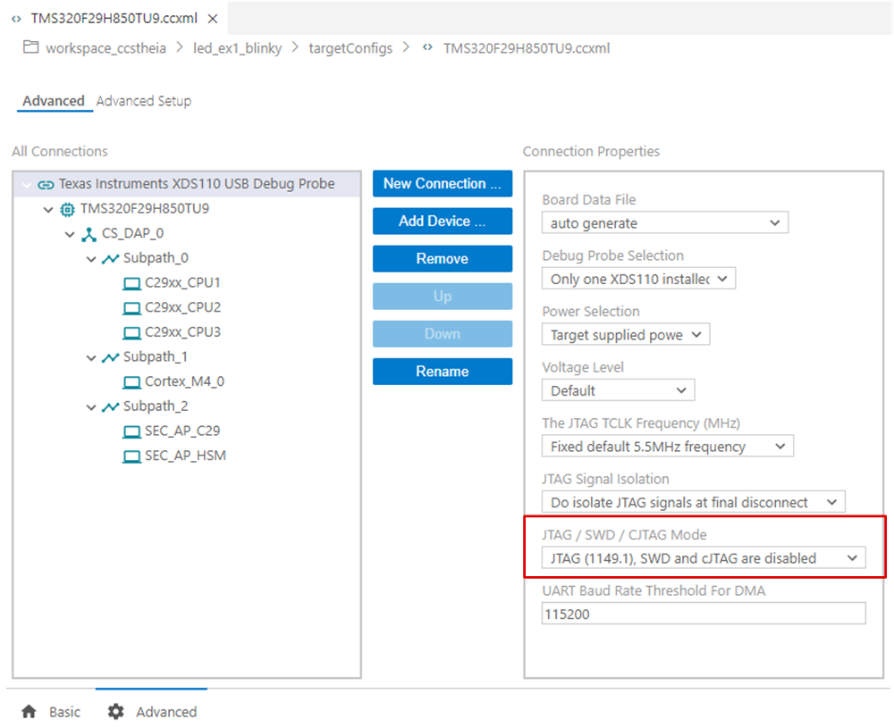 F29H85X-SOM-EVM Target Configuration Advanced
                    Options