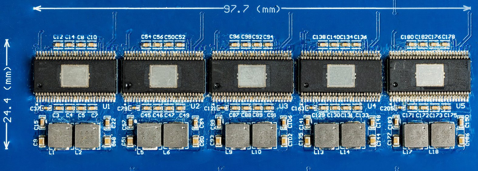  A 20-channel automotive audio
                    system design featuring five TAS6754-Q1 Class-D amplifiers compared to TI’s
                    TAS6424E-Q1 Class-D amplifiers