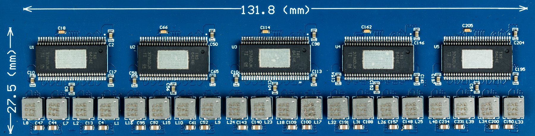  A 20-channel automotive audio
                    system design featuring five TAS6754-Q1 Class-D amplifiers compared to TI’s
                    TAS6424E-Q1 Class-D amplifiers