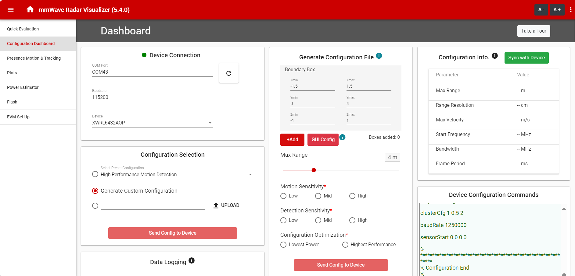 IWRL6432AOPEVM Configuration
                    Dashboard