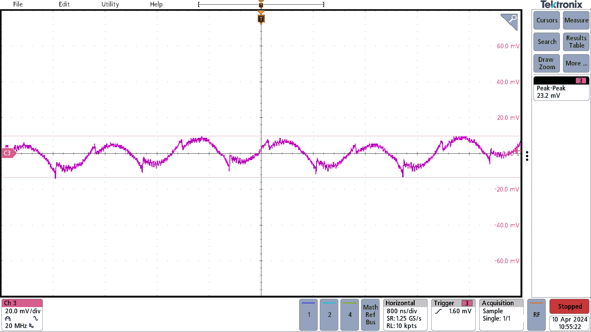 PMP23389 Output Voltage Ripple (AC Coupled) With 12V
            input and 15A Load; Measured 23.2mV Peak to Peak