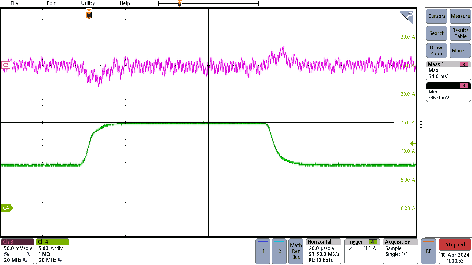 PMP23389 12V
                                                Input; CH3: Output Voltage, AC Coupled, 50mV/div;
                                                CH4: Output Current, 5A/div