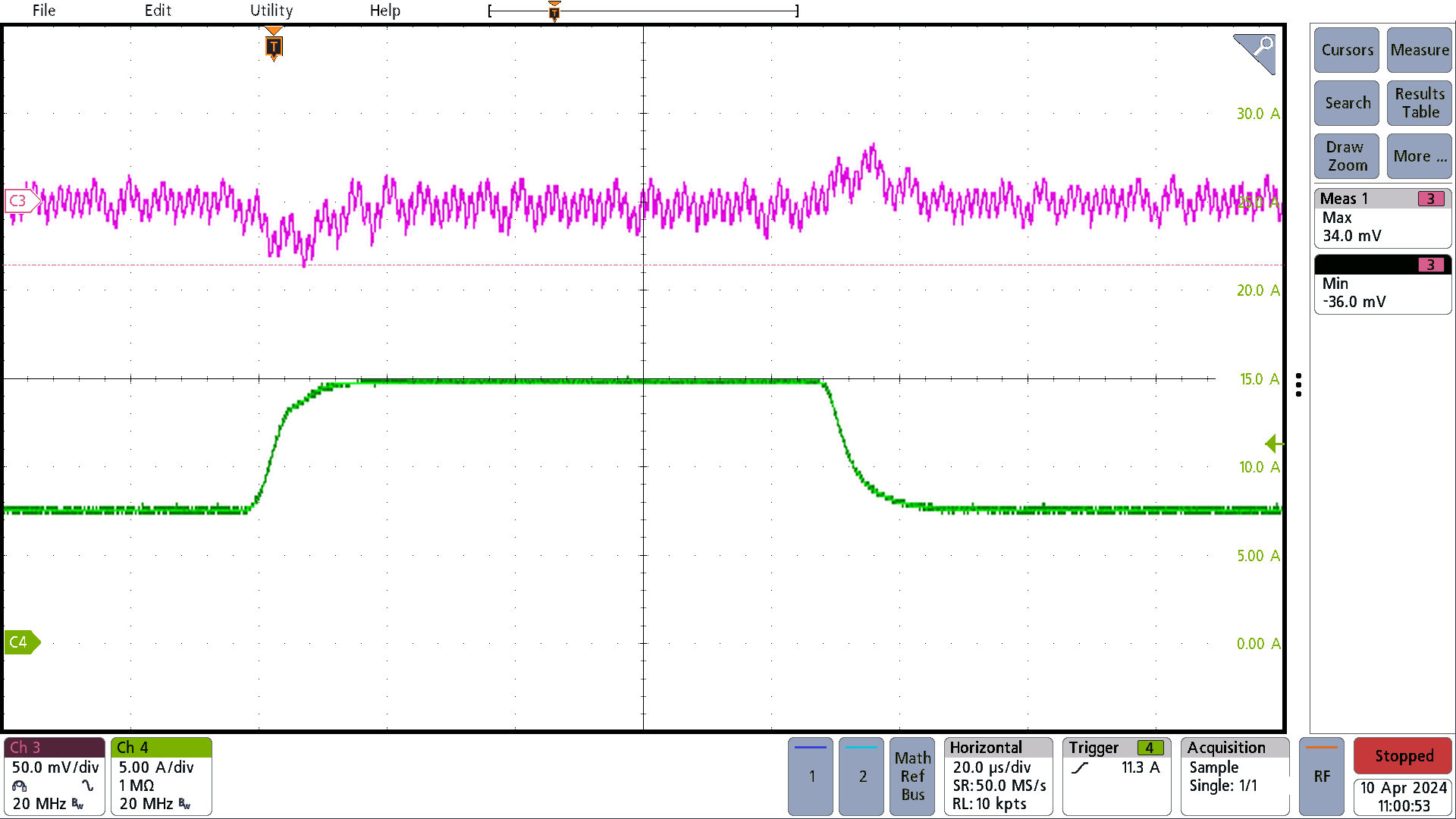 PMP23389 7.5A to 15A load step; CH3: Output Voltage, AC Coupled, 50mV/div; CH4: Output Current, 5A/div