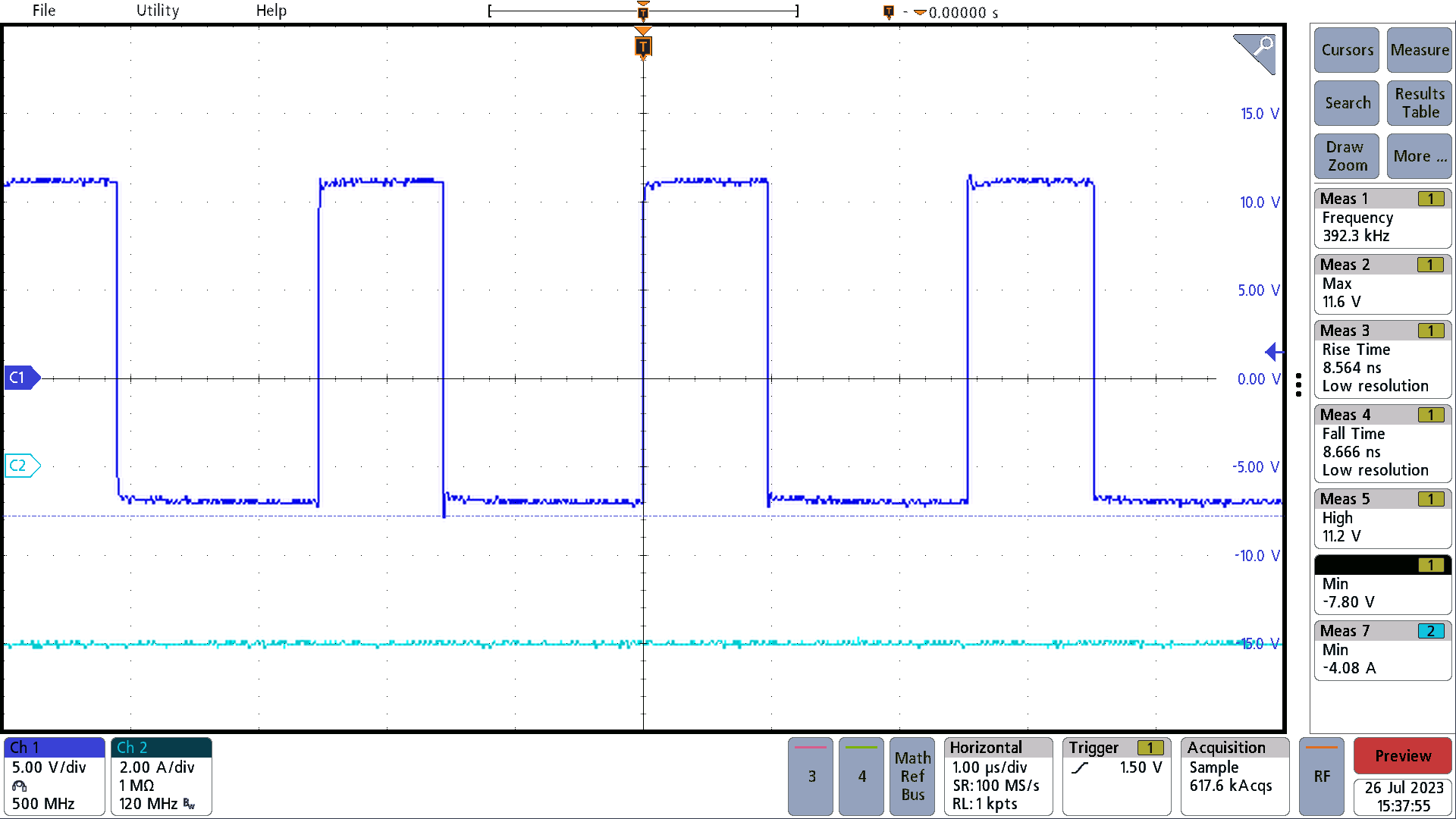 PMP23241 Switch Node Voltage, 12V
                    Input, –7.5V Output, 4A Load