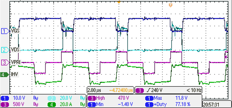 PMP41078 Switching at 450Vin, 13.5Vout, 180A Load