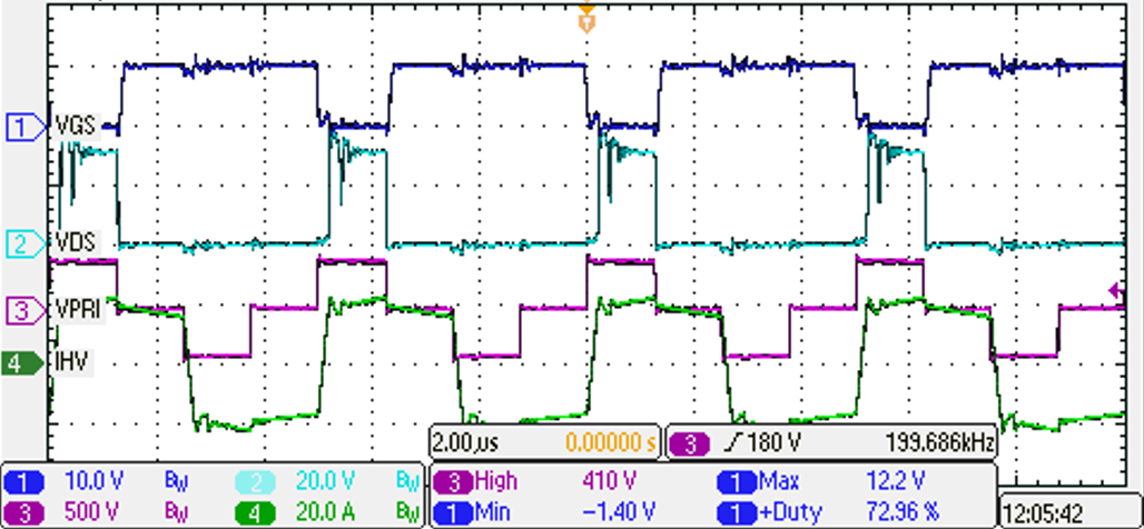 PMP41078 Switching at 400Vin, 13.5Vout, 250A Load