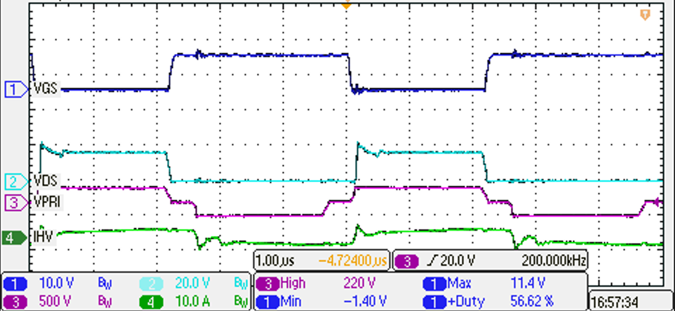 PMP41078 Switching at 200Vin, 13.5Vout, 20A Load