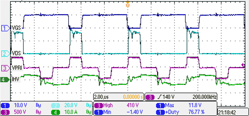 PMP41078 Switching at 400Vin, 13.5Vout, 20A Load