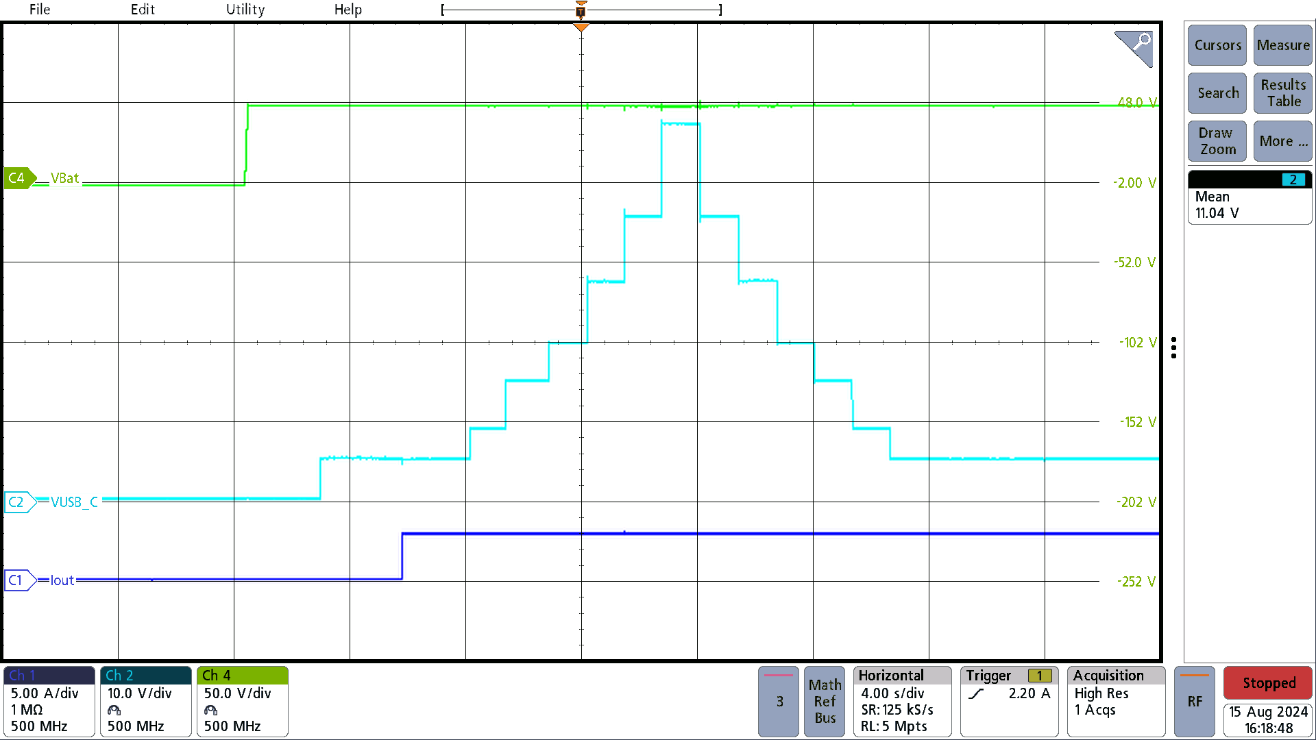 PMP41115 OTG Mode at 50.4Vbat, 5V to 48V Voltage
                        Transition at 3A Load