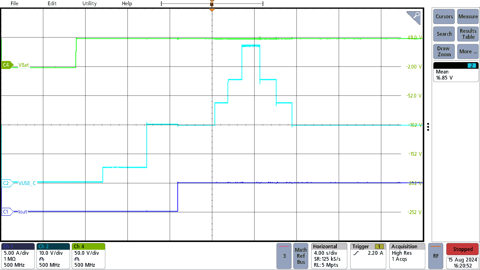 PMP41115 OTG Mode at 50.4Vbat, 20V to 48V Voltage
                        Transition at 5A Load