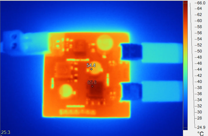 PMP41092 Top Side Thermal Image, VPA_BUS =
                            VPB_BUS = 5V, IPA_BUS = IPB_BUS =
                        3A