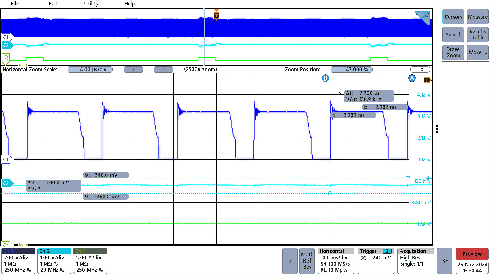 PMP41145 Peak Power, 230VAC, 100W
                        Peak Power 4ms, 58W 36ms, Vout Drop 380mV, Zoom In