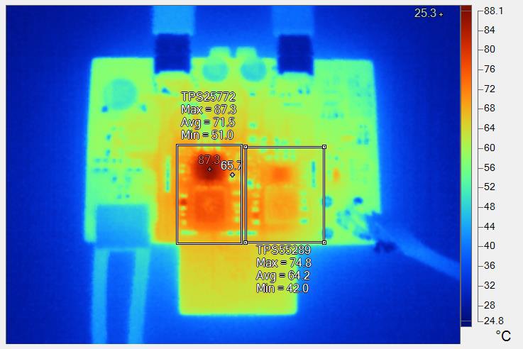 PMP41094 Top Side Thermal Image, VPA_BUS = VPB_BUS = 20V, IPA_BUS = 3A, IPB_BUS = 1.5A