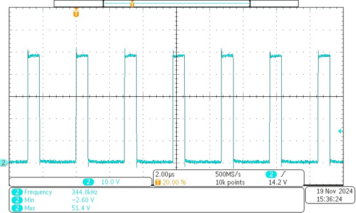 PMP31349 CH1: Switching Node at
                        48VIN, 12VOUT and 0A Load Current (Scale: 10V/div,
                    2µs/div)