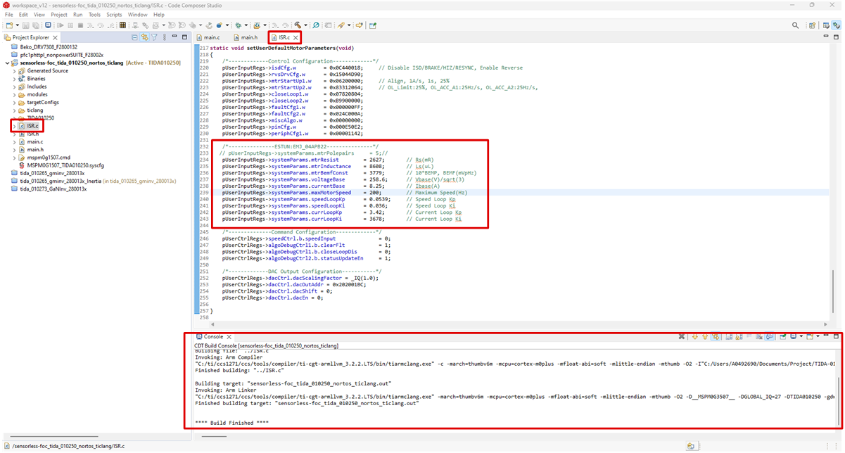 TIDA-010250 EMJ_04APB22 Motor Parameters
                    and Compile Results