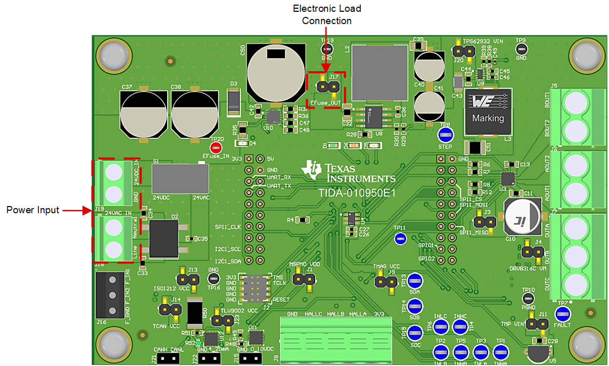 TIDA-010950 Board Connections Used to Test
                    the TPS16410 E-Fuse