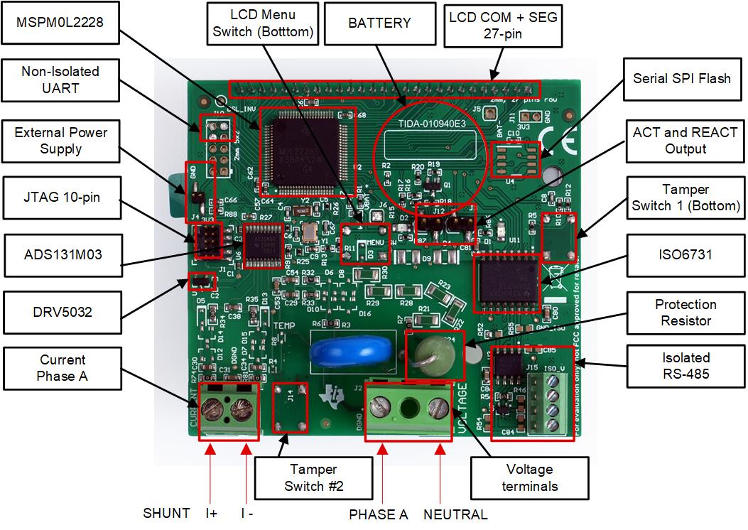 TIDA-010940 Top Layer
                    of TIDA-010940 PCB With Components Highlighted