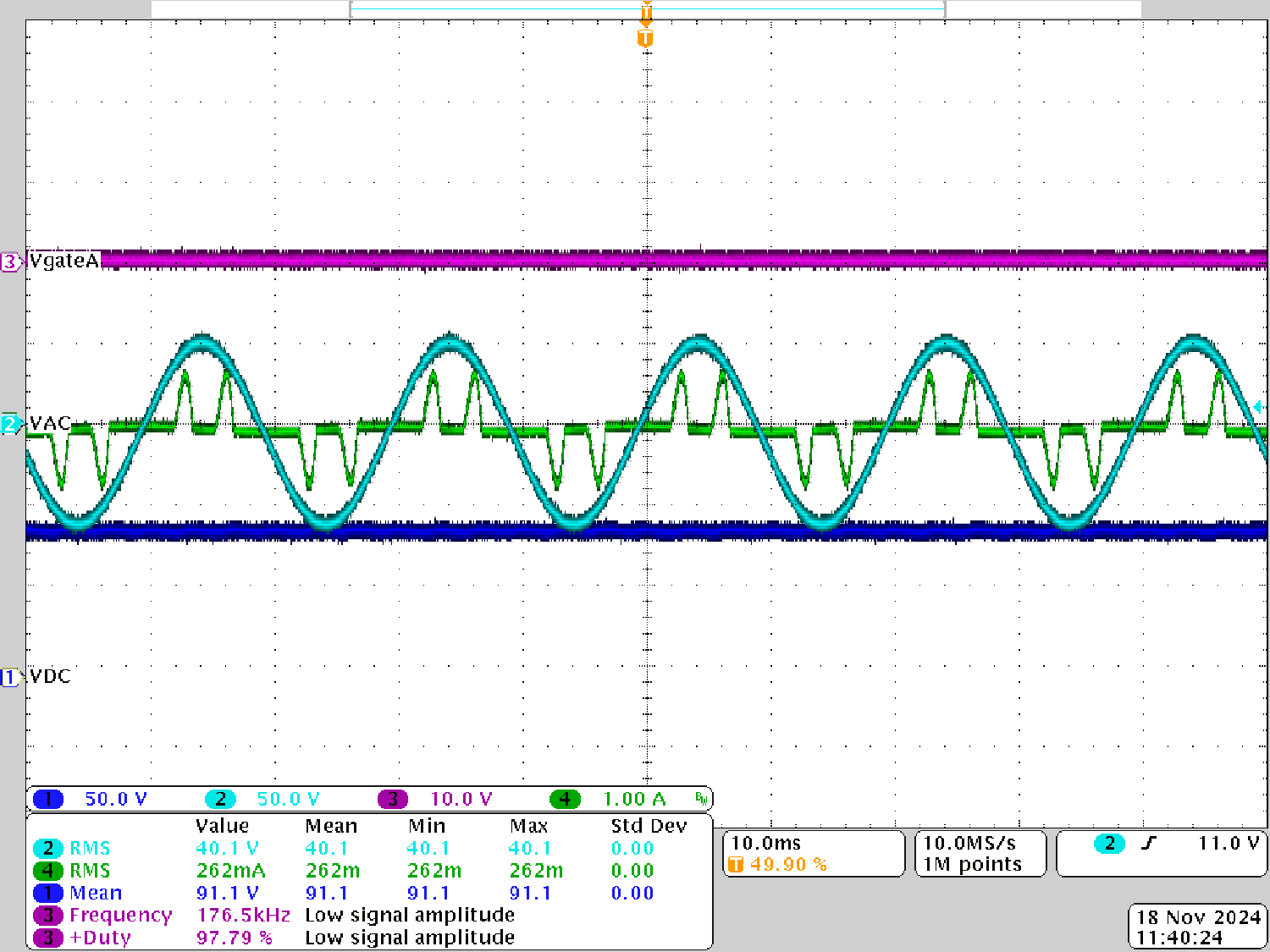 TIDA-010257 Build Level 2: Scope
                            Capture Ia and Va (40VRMS L-N) With PWM Tripped